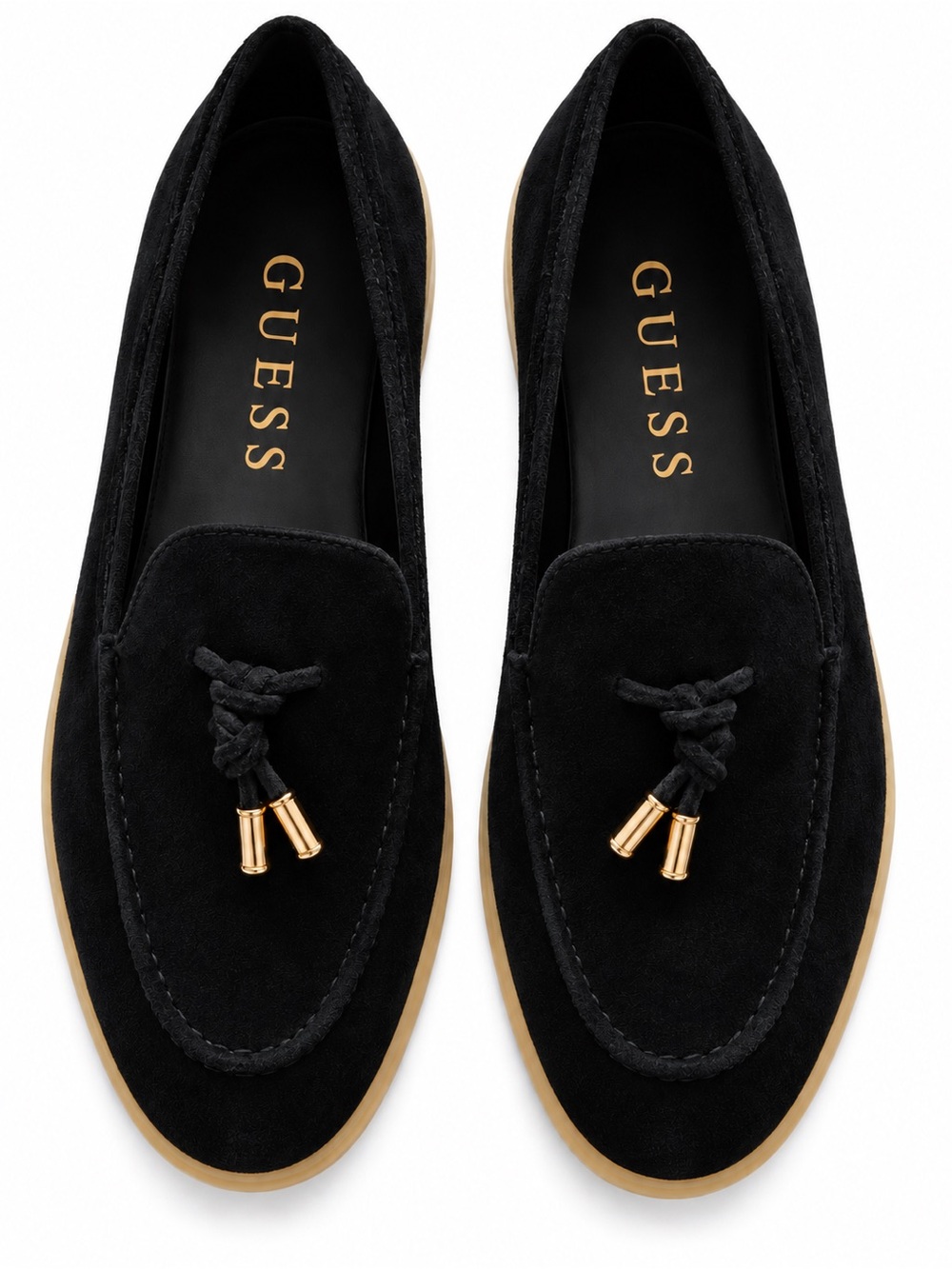 GUESS Women's black  Suede Tassel Loafers with Gold Accents